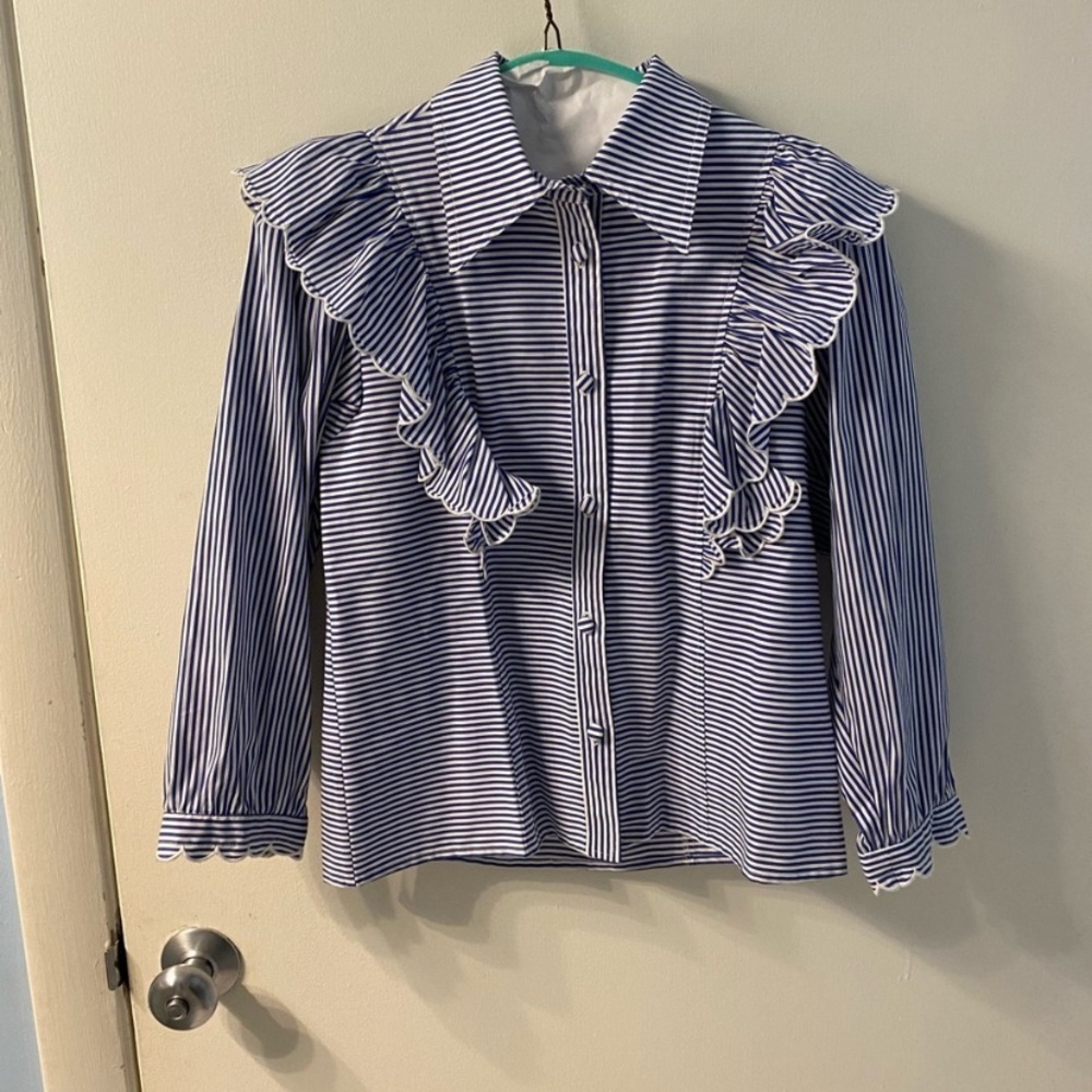 HUNTER BELL Blue and White Striped Ruffle Collar Blouse